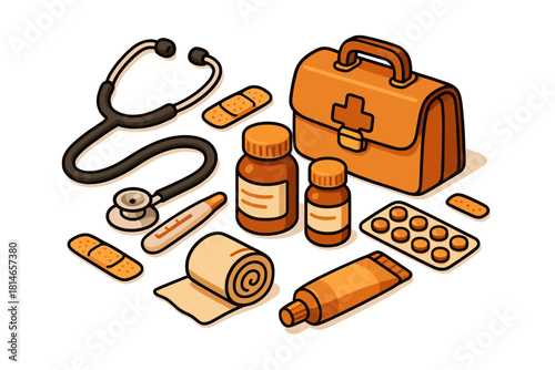 First aid kit icon set. Medical emergency vector set. First aid kit vector illustration with bandages and supplies.