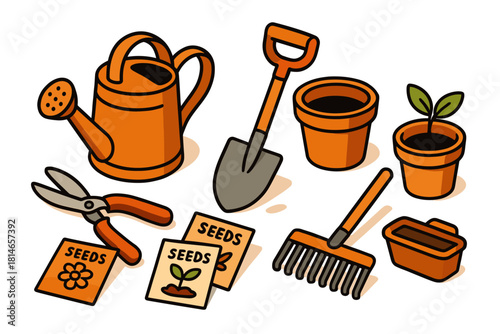 Gardening tools icon set. Garden work tools vector set. Gardening tools vector illustration with equipment and plants.