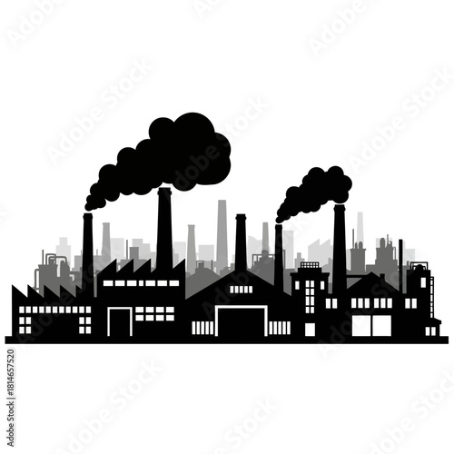 Black and white illustration of industrial cityscape with factories and smokestacks emitting smoke, representing industrialization and pollution