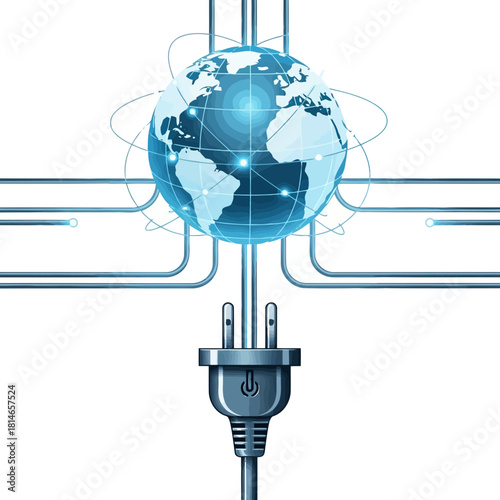 Global network connection with a plug symbolizing digital connectivity and worldwide communication technology