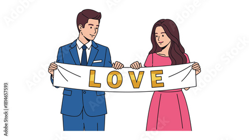 Harmony and Promise: A couple standing side-by-side, holding a banner emblazoned with the word LOVE, symbolizing the beginning of a shared journey. Expressing love, hope, and togetherness.