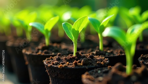 Dense cluster of seedlings emerging in peat pots , moss, closeup