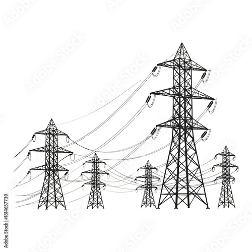 Black and white sketch of power lines and electrical towers in a rural landscape