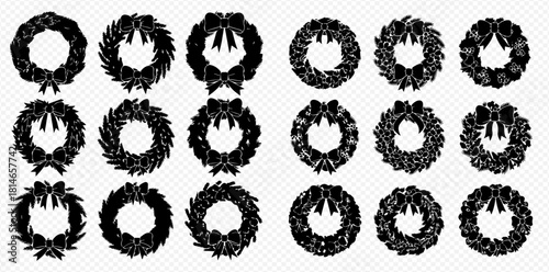 A collection of decorative wreaths, some adorned with bows, in a silhouette style.