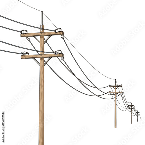 Utility poles with multiple power lines and insulators against a