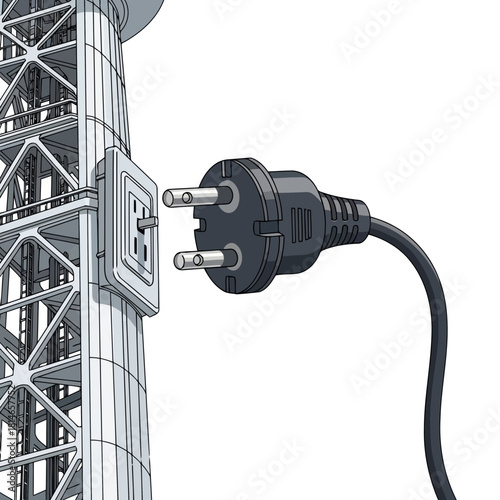 Closeup of a black power cord plugged into a white electrical outlet on a