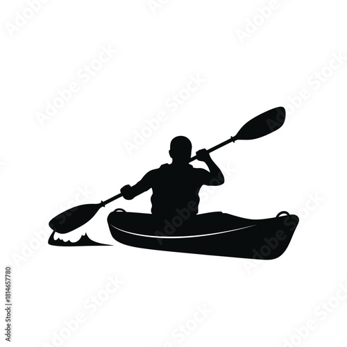 Silhouette of a person kayaking in a canoe with a paddle, isolated on