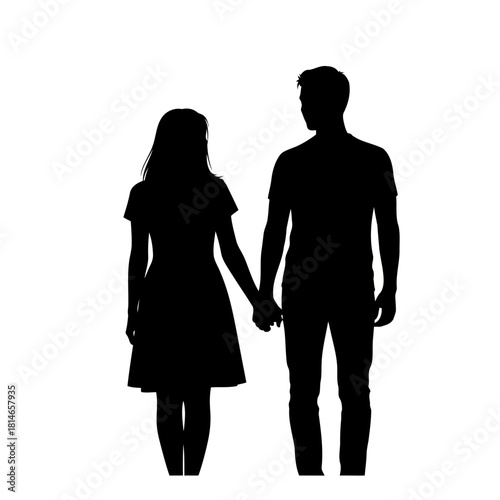 Silhouette of a couple holding hands, standing together, romantic couple, love, affection, partnership, man and woman, black and white