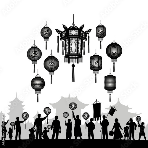 Silhouettes of people holding lanterns with traditional chinese lanterns hanging above them