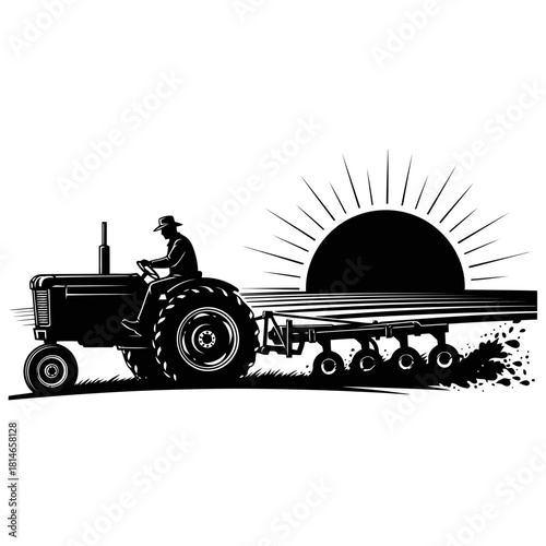 A farmer driving a tractor with a trailer under a rising sun, black and white illustration
