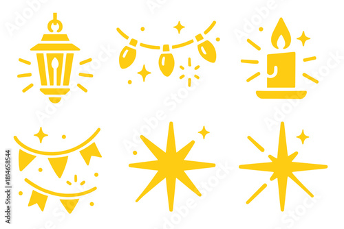 Bold Festive Icons. Festive Night Lights silhouette icon set. hanging lantern, fairy lights, fireworks burst, glowing candle, night garland, radiant star, spark trail, luminous