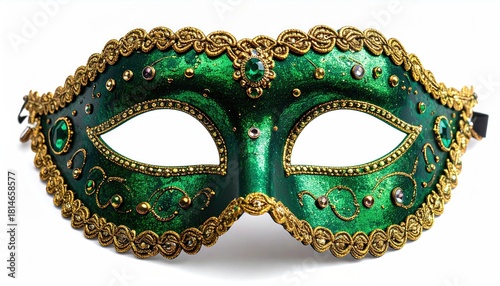 Ornate green mask with gold trim, isolated