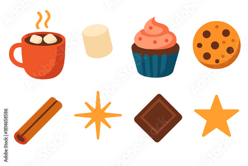Winter Treats Icons. Winter indulgence flat icon set : hot drink, marshmallow, cupcake, cookie, cinnamon stick, sparkle, chocolate piece, star