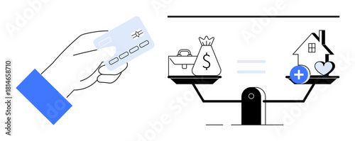 Financial balance. Visualizing financial balance with credit cards, money management, and investments. Financial decisions bridging wealth, purchases, and life goals. For fintech, banking finance