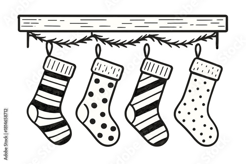 Hand-Drawn Christmas Stockings. Set of simple, hand-drawn Christmas stockings hanging from a mantle. Each stocking features unique patterns like stripes and dots,. Vector illustration