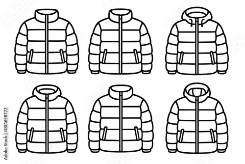 Winter Jacket Icons. Winter Puffers linear icon set. down jacket, front zip, collar, side pocket, stitching pattern, hood toggle