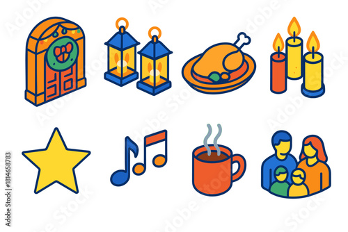 Festive Icon Celebration. Festive Welcome flat icons set. decorated doorway, glowing lanterns, warm meal, candles, star, music, hot drink, family gathering