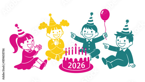 Celebratory Gathering: A group of children gather around a birthday cake, sharing laughter and excitement in a cheerful scene. This image radiates happiness.