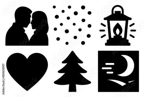 Winter Romance Icons. Winter Romance silhouette icon set : couple silhouette, falling snow, glowing lantern, heart symbol, pine tree, moonlight