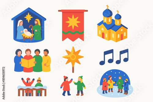 Orthodox Christmas Icons. Orthodox Christmas Cultural Festivity flat icon set: nativity performance, festive banners, illuminated church, traditional choir, wooden star, music