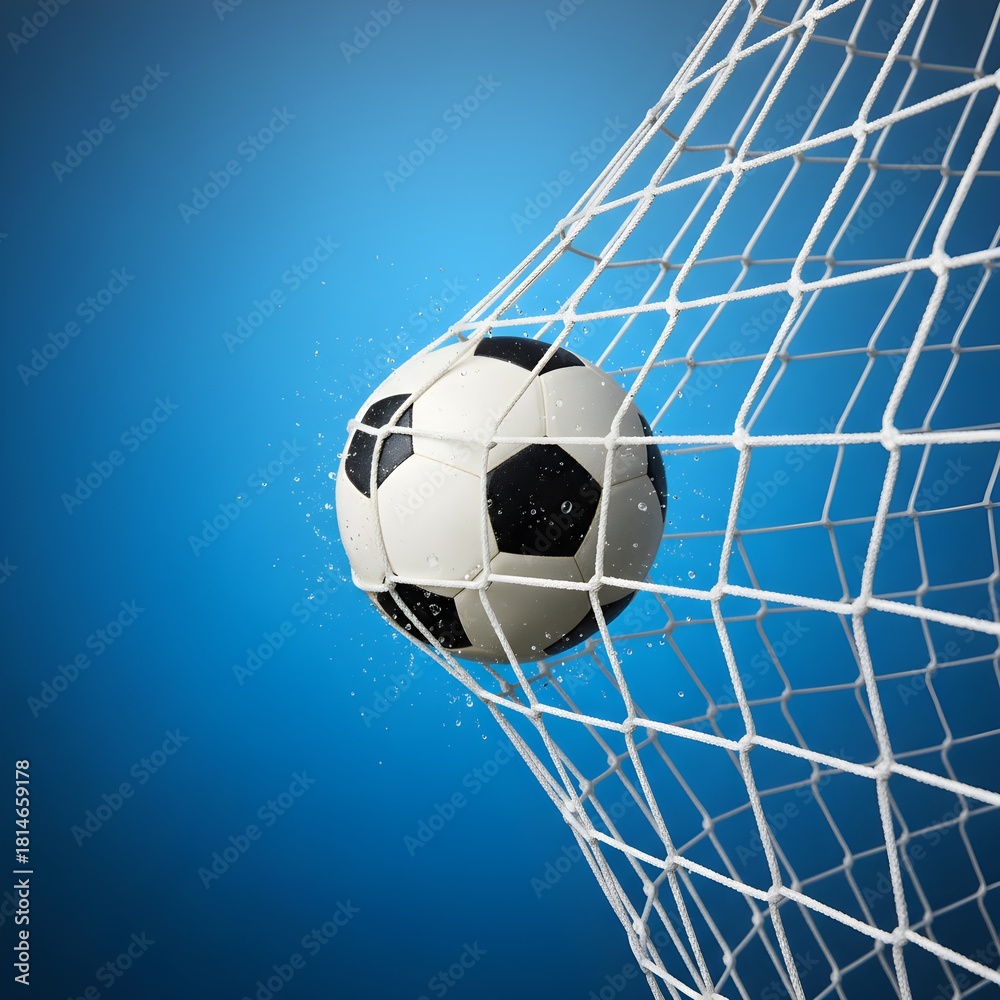 Naklejka premium A black-and-white football hits the white goal net, droplets scattering against a smooth blue background, capturing the moment of a powerful and precise score.