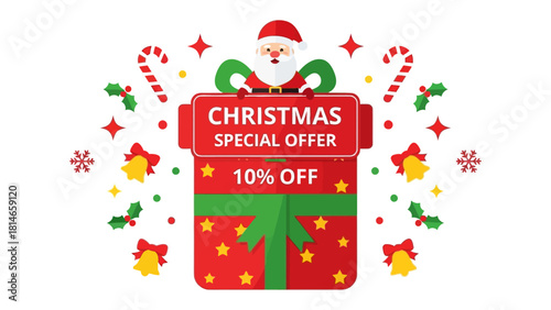 Holiday Offer with Santa: An enticing Christmas gift box adorned with festive elements, displaying a special offer. This image captures the essence of holiday promotions and discounts.