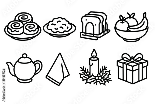 Festive Breakfast Icons. Christmas Breakfast Table linear icon set. cinnamon rolls, scrambled eggs, toast rack, fruit bowl, teapot, red napkin, candle centerpiece, gift box beside