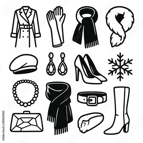 Arctic Fashion Icons. Arctic Elegance linear icon set : long white coat, satin gloves, velvet scarf, crystal earrings, faux fur wrap, soft beret, shimmer heels, snowflake brooch