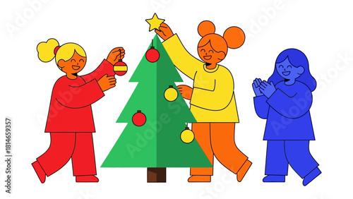 Holiday Cheer: Capturing the heartwarming spirit of the holidays, illustrated the scene of decorating the christmas tree with joyful camaraderie and colorful festive elements.