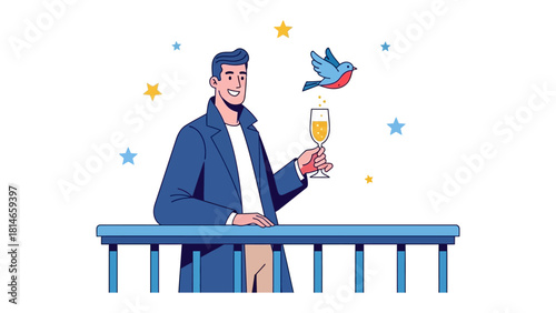 Celebration Toast: Illustration of a man raising a glass of champagne in a joyful toast. The image captures the spirit of celebration and optimism.