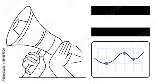 Megaphone and hands symbolizing communication, equality bars representing fairness, and chart showcasing data trends. Ideal for analytics, justice, teamwork, progress, equality, advocacy