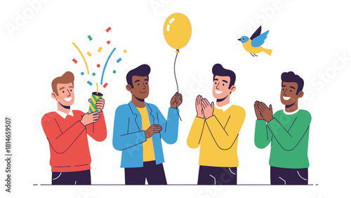 Celebration with balloon and party popper: A festive scene unfolds as individuals celebrate with a balloon and party popper.