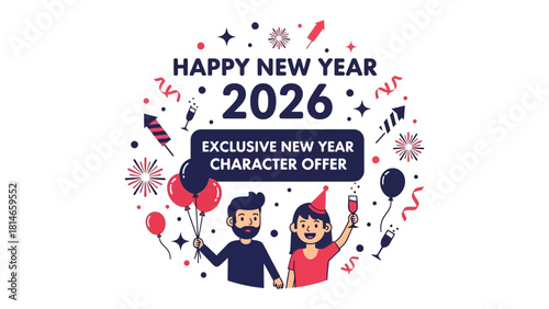 Festive New Year Greeting: A vibrant graphic, adorned with celebratory elements like fireworks, balloons, and champagne, conveys a cheerful Happy New Year 2026 message.