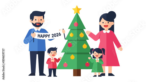 Family's Joyful Christmas: A heart-warming illustration of a family united in festive cheer, decorating a Christmas tree, radiating happiness, love, and the joy of the holiday season.