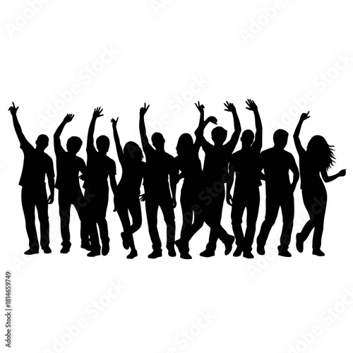 Group of people dancing and raising their hands in celebration, silhouetted against a