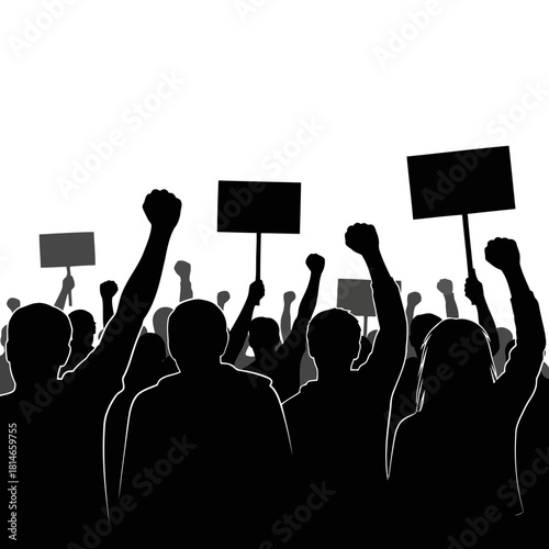 Silhouette of a crowd of people holding signs and raising fists in protest, isolated on