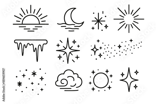 Winter Icons Collection. Winter Light linear icon set. sunrise, moon, reflection, beam, soft shadow, frost edge, light burst, sparkle trail, snow dust, icy haze, glow circle
