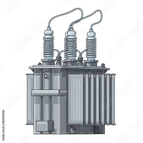 High voltage transformer with three large cylindrical components and electrical connections, detailed technical equipment
