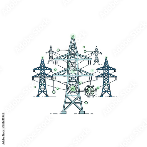 Illustration of power transmission towers and electrical grid network with interconnected lines and symbols