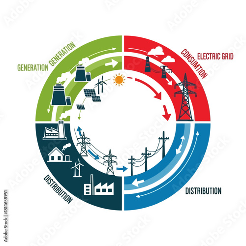 Electricity generation, distribution, and consumption cycle with renewable energy sources and grid infrastructure