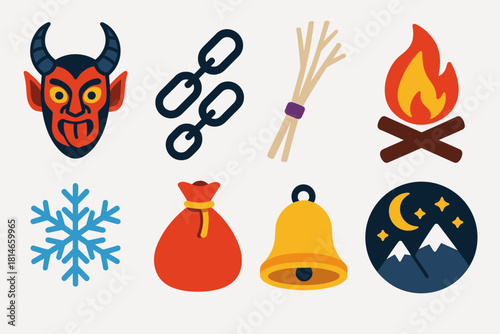 Krampus Icon Set. Krampus Mythical Symbolism flat icons set. horned mask, chain, birch rods, firelight, snowflake, sack, bell, mountain night