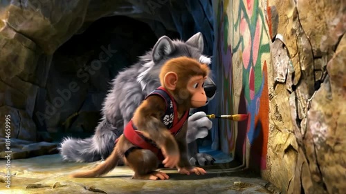 A playful scene featuring a young monkey and a wolf painting graffiti on a rocky cave wall together
