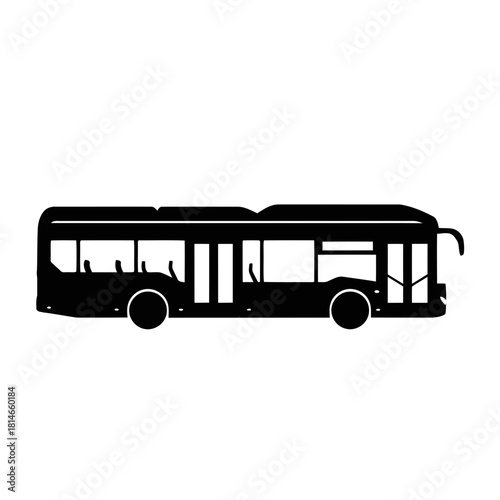 Black and white silhouette of a modern articulated city bus with multiple doors and windows