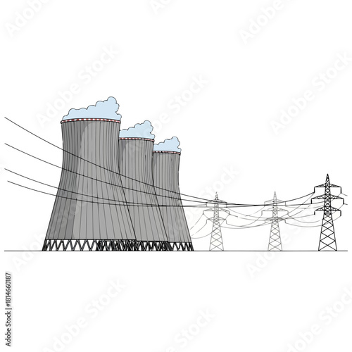 Nuclear power plant with cooling towers and power lines illustration
