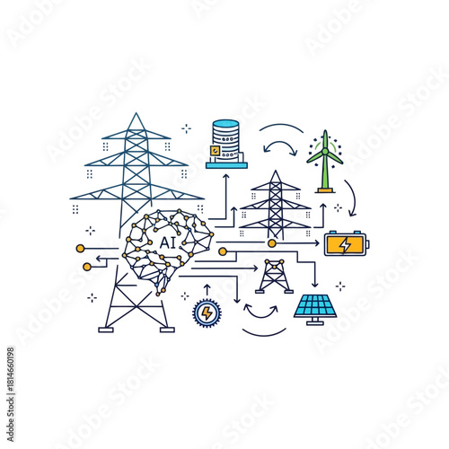 Illustration of artificial intelligence managing energy distribution with power lines, solar panels, and data storage