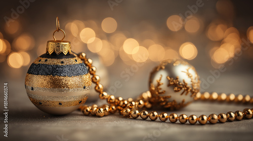 Festive Christmas decorations sit against a backdrop of soft, warm light. A gold beaded garland lies near beautiful ornaments, creating a luxurious and inviting feeling of celebration