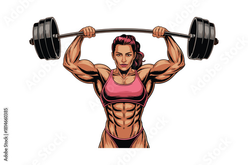 Muscular woman lifting heavy weights overhead