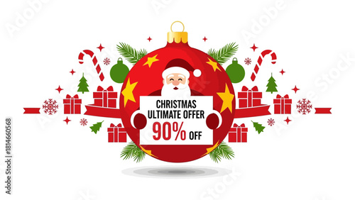 Holiday Offer: Festive decoration features Santa Claus with a discount offer. Capturing the spirit of giving and joy.
