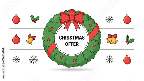 Festive Christmas Offer: A vibrant Christmas wreath, adorned with a festive red bow and ornaments, announces a special offer.