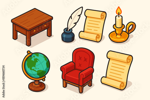 Santa’s Office Icons. Classic Santa’s Office flat icons set. wooden desk, ink quill, parchment scroll, candle holder, globe, red chair